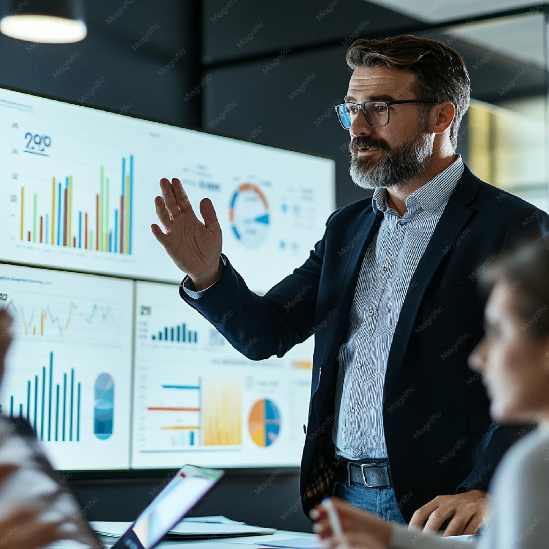 Senior program leader walking executives through delivery metrics